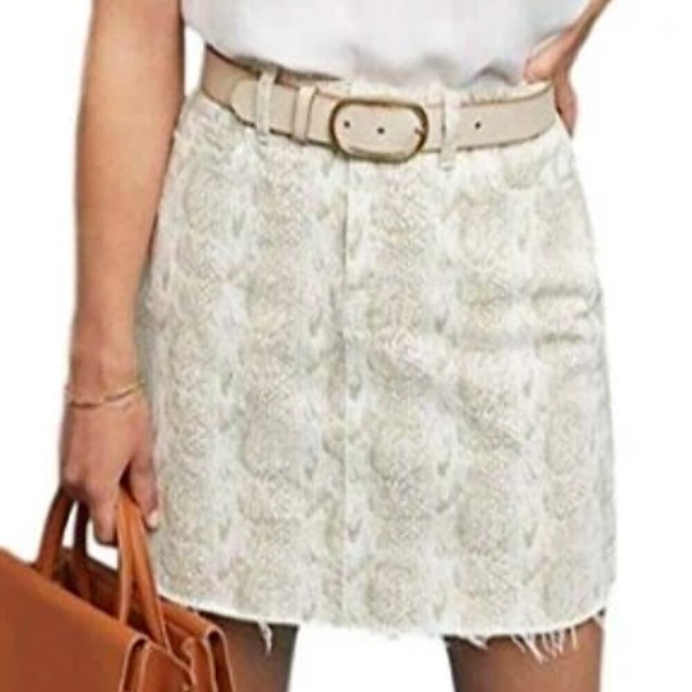 Anthropologie Paige White Denim Mini Skirt Snake Print Raw Hem Cotton Short